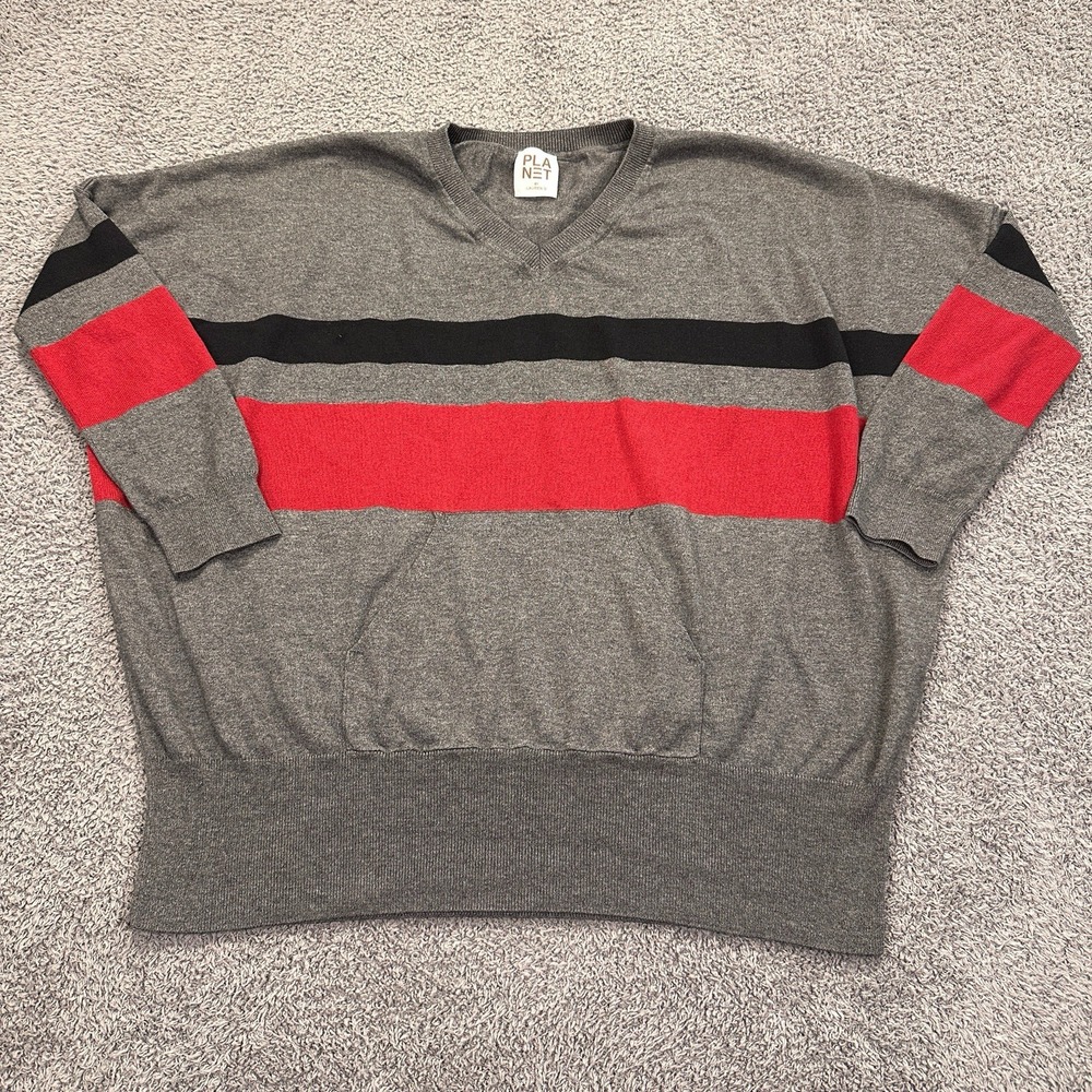 Planet by Lauren G Sweater Women One Size Grey Striped V Neck Kangaroo Capsule